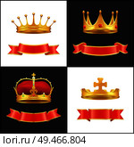 Royal gold crown with jewel and decorative ribbons. Glossy horizontal string, scrolled and curly strip, corona of different style, luxury vector set. Royal gold crown with jewel and red ribbons decor. Стоковая иллюстрация, агентство Ingram Publishing / Фотобанк Лори