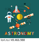 Astronomy poster with astronaut and rocket, comets and stars, constellations and star shapes, telescope and orbiting satellite with planets vector icons. Astronomy and Space Exploration Vector Emblem. Стоковая иллюстрация, агентство Ingram Publishing / Фотобанк Лори