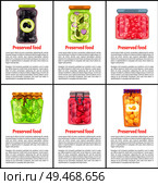 Preserved food vector glass labeled and unlabeled jars. Homemade canned vegetables, fruit and berries conservation poster with space for recipes.. Preserved Food Fruits and Vegetables Canned Jars. Стоковая иллюстрация, агентство Ingram Publishing / Фотобанк Лори