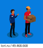 Delivery man and manager woman with name badge on jacket. Lady with greeting gesture and deliverer holding parcel carton package 3d isometric vector. Delivery Man and Manager Woman Vector Illustration. Стоковая иллюстрация, агентство Ingram Publishing / Фотобанк Лори