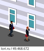 People walking on street road. Man holding file folder and business lady talking on phone consulting people clients. Building with windows vector. People Walking on Street Road Vector Illustration. Стоковая иллюстрация, агентство Ingram Publishing / Фотобанк Лори