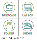 Briefcase and folder, means of communication phone and laptop framed illustration. Office worker necessities or gear vector icon set in line art style.. Office Worker Necessities Line Art Icon Collection. Стоковая иллюстрация, агентство Ingram Publishing / Фотобанк Лори