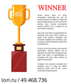 Winner golden trophy cup vector illustration. Shiny gold award, goblet with handles and label on pedestal rewarding icon, poster badge, cartoon style. Winner Golden Trophy Cup Vector Illustration. Стоковая иллюстрация, агентство Ingram Publishing / Фотобанк Лори