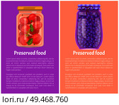 Preserved food posters tomatoes and blueberries or blackberries in unlabeled glass jars. Fruits and vegetables preservation vector conserved snacks. Preserved Food Posters Tomatoes and Blueberries. Стоковая иллюстрация, агентство Ingram Publishing / Фотобанк Лори