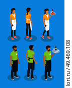 Waitress and waiter icons set. Female wearing apron carrying tray with wine bottle glass Italian pizza. Man serving drinks servant isolated on vector. Waitress and Waiter Icons Set Vector Illustration. Стоковая иллюстрация, агентство Ingram Publishing / Фотобанк Лори