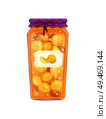 Preserved peaches or apricots in unlabeled glass jar with rustic textile and string with bow lid decoration. Fruit preservation vector illustration.. Preserved Peaches Apricots in Unlabeled Glass Jar. Стоковая иллюстрация, агентство Ingram Publishing / Фотобанк Лори