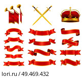 Ribbons and swords set. Red flag banners with trumpets musical instrument and sabre having handle. Coronet and crown royal items isolated on vector. Ribbons and Swords Icons Set Vector Illustration. Стоковая иллюстрация, агентство Ingram Publishing / Фотобанк Лори