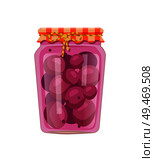 Plum compote home cooked conservation vector illustration. Fruit preservation in glass jar decorated with granny rustic textile and tied with bow.. Plum Compote in Glass Jar Homemade Conservation. Стоковая иллюстрация, агентство Ingram Publishing / Фотобанк Лори