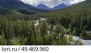 River flowing through forest with mountains in the background, David Thompson Highway, Clearwater County, Alberta, Canada. Стоковое фото, агентство Ingram Publishing / Фотобанк Лори