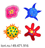 Bacteria virus cells, microbes vector icons. Microorganisms and germs, disease-causing objects with tails, organelles and flagella, protozoa isolated. Bacteria virus cells set, microbes vector icon. Стоковая иллюстрация, агентство Ingram Publishing / Фотобанк Лори