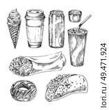 Take away refreshing and bracing drink, sweet ice cream cone and donut, taco fast food with sauce and burrito icon set in sketch style for bistro.. Take Away Refreshing Drinks and Fast Food Icon Set. Стоковая иллюстрация, агентство Ingram Publishing / Фотобанк Лори