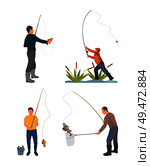 Fishermen with fishing rod and fish vector illustration. Standing fishers with full bucket, landing net and tackle isolated on white with bulrush. Fisherman with fishing rod and fish vector sketch. Стоковая иллюстрация, агентство Ingram Publishing / Фотобанк Лори