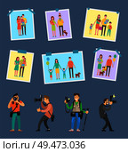 Skillful photographers, professional equipment camera gears and tripod vector. Samples of works, family pictures with husband, wife, boy and girl, pet dog. Skillful Photographers, Equipment Digital Camera. Стоковая иллюстрация, агентство Ingram Publishing / Фотобанк Лори