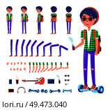 Young teenager with hoverboard isolated icons set vector. Boy with have, mobile phone, headphones and guitar musical instrument. Backpack and gestures. Young Teenager with Hoverboard Icons Set Vector. Стоковая иллюстрация, агентство Ingram Publishing / Фотобанк Лори