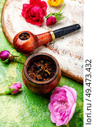 Tobacco pipe and smoking tobacco with rose flavor.Refined taste of tobacco. Smoking pipe and floral tobacco. Стоковое фото, агентство Ingram Publishing / Фотобанк Лори