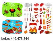 BBQ party poster and isolated icons vector. Grilled roasted meat with utensils ham and beef. Sausages and vegetables veggies and hamburgers hot dogs. BBQ Party Poster and Icons Vector Illustration. Стоковая иллюстрация, агентство Ingram Publishing / Фотобанк Лори