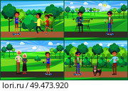 Young teenagers resting in park together set vector. People riding gyroscooter hoverboard, sitting on bench and smoking vape. Grandparents and teen. Young Teenagers Resting in Park Together Vector. Стоковая иллюстрация, агентство Ingram Publishing / Фотобанк Лори