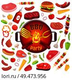 BBQ party icons set meat veggies vector. Hamburger with bun and ham, roast beef and vegetables. Sauce ketchup in plastci bottle and brochette satay. BBQ Party Icons Meat Veggies Vector Illustration. Стоковая иллюстрация, агентство Ingram Publishing / Фотобанк Лори