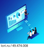 Computer monitor with information vector isolated isometric icon 3d. Presenter with diagrams charts explaining details to listeners workers on bench. Computer Monitor with Info Vector Illustration. Стоковая иллюстрация, агентство Ingram Publishing / Фотобанк Лори