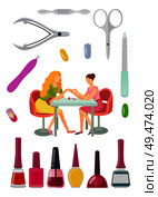 Spa salon manicure manicurist and tools for nail polishing service. Gels bottles with brushes, cuticle pusher and cutter, nipper and scissors vector. Spa Salon Manicure Manicurist and Tools Set Vector. Стоковая иллюстрация, агентство Ingram Publishing / Фотобанк Лори