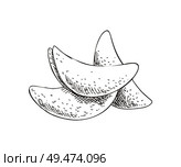 Chip meal in bars accompanied to beer. Fried potato monochrome sketch black and white outline. Hand drawn crunch takeaway food vector illustration. Chip Fried Potato Monochrome Vector Illustration. Стоковая иллюстрация, агентство Ingram Publishing / Фотобанк Лори