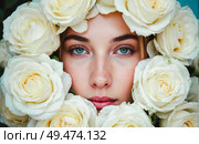 Beautiful female face with green eyes and flawless skin among blooming white roses, peaceful mood, soft makeup, fresh flowers background, elegant composition, natural look, dreamy moment, spring. Стоковое AI-изображение, AI-художник Павел Муравьев / Фотобанк Лори