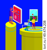 Virtual reality, vr goggles used while playing games with gamepad table tennis on big screen. Man using laptop and wear innovative spectacles vector. Virtual Reality Goggles Men Vector Illustration. Стоковая иллюстрация, агентство Ingram Publishing / Фотобанк Лори
