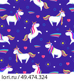 Unicorn magic creatures seamless pattern on purple background vector. Posing horse with horn on head and rainbow hair. Floral elements with stars. Unicorn Magic Creatures Seamless Pattern Vector. Стоковая иллюстрация, агентство Ingram Publishing / Фотобанк Лори