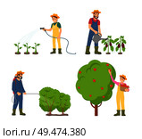 Farmers watering plants with can and hose isolated icons vector. Fruit tree with ripe apples, man spraying bushes with pesticides. Harvesting season. Farmers Watering Plants Set Vector Illustration. Стоковая иллюстрация, агентство Ingram Publishing / Фотобанк Лори