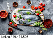 Fresh trout with spices and seasonings.Fish preparing for cooking.Seafood. Fresh raw trout fishes with spices. Стоковое фото, агентство Ingram Publishing / Фотобанк Лори