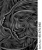 Human face profiles united by swirling woodcut pattern on subject of relationships, love, romance and friendship. Traditional Media series. Стоковое фото, агентство Ingram Publishing / Фотобанк Лори