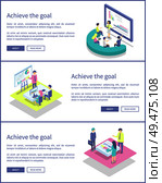 Achieve goal posters with text sample and web pages info set vector. Screens and monitors, presentation and explanations by presenters to listeners. Achieve Goal Posters Info Set Vector Illustration. Стоковая иллюстрация, агентство Ingram Publishing / Фотобанк Лори