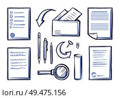 Office papers and magnifying glass, set vector. Monochrome sketches outline icons, pen and pencil with envelopes and messages. Letters with pages. Office Papers and Magnifying Glass Set Vector. Стоковая иллюстрация, агентство Ingram Publishing / Фотобанк Лори