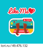 Like me social network and streams isolated stickers vector. Person relaxing on seaside, beach online translations to followers. Emotions and reaction. Like Me Social Network and Streams Stickers Vector. Стоковая иллюстрация, агентство Ingram Publishing / Фотобанк Лори