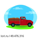 Car with trailer transportation of farming agricultural production. Isolated vector with man sitting in lorry transporting cargo and load on road. Car Trailer Transportation Vector Illustration. Стоковая иллюстрация, агентство Ingram Publishing / Фотобанк Лори
