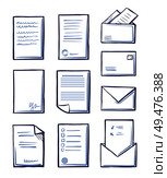 Office paper and messages in envelopes vector. Monochrome sketches outline icons set, pages with signatures and stamps containing information and data. Office Paper and Messages in Envelopes Vector. Стоковая иллюстрация, агентство Ingram Publishing / Фотобанк Лори