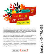 Premium quality buy now poster with text sample. Super discount sellout and clearance autumnal decoration of banners special promotion shopping vector. Premium Quality Buy Now Poster Vector Illustration. Стоковая иллюстрация, агентство Ingram Publishing / Фотобанк Лори