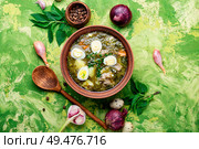 Ukrainian green borsch.Borsch with sorrel and nettles.Ukrainian cuisine.. Sorrel soup in bowl. Стоковое фото, агентство Ingram Publishing / Фотобанк Лори