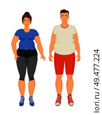 Man and woman unhappy because of obesity, isolated icons set vector. Overweight fat people with cellulite on belly and legs. Obeseness and adiposity. Man and Woman Unhappy Obesity Vector Illustration. Стоковая иллюстрация, агентство Ingram Publishing / Фотобанк Лори