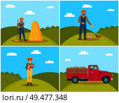 Farmer feeding chickens on hill field. Hay bale haystack and man with pitchfork standing by hayrick. Lorry transporting potatoes harvest set vector. Farmer Feeding Chickens Set Vector Illustration. Стоковая иллюстрация, агентство Ingram Publishing / Фотобанк Лори