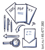 Office documents and envelopes monochrome sketches outline set vector. Pdf and doc, text files and magnifying glass, pen and pencil letters with paper. Office Documents and Envelopes Sketches Set Vector. Стоковая иллюстрация, агентство Ingram Publishing / Фотобанк Лори