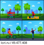 Woman working in city park, man sitting on wooden bench set. Male on hoverboard scooter, lady wearing rucksack riding bicycle on town road vector. Woman Working in City Park Vector Illustration. Стоковая иллюстрация, агентство Ingram Publishing / Фотобанк Лори