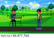Student teenagers relaxing in park together vector. Person looking at mobile phone screen and smiling. Boy riding hoverboard and gyroscooter with vape. Student Teenagers Relaxing in Park Together Vector. Стоковая иллюстрация, агентство Ingram Publishing / Фотобанк Лори