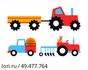 Cars with equipment working on farm cartoon vector icon. Tractor with empty trailer, truck with bales of hay and cat driving small machine with plow. Cars with Equipment Working on Farm Vector Icon. Стоковая иллюстрация, агентство Ingram Publishing / Фотобанк Лори