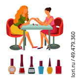 Spa salon manicure bottles polishers in containers vector. Manicurist working with woman, nail art. Service of painting fingernails by professional. Spa Salon Manicure Bottles Polishers Set Vector. Стоковая иллюстрация, агентство Ingram Publishing / Фотобанк Лори