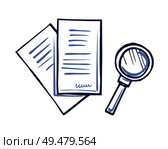 Magnifying glass and paper documents with signature isolated. Office page with scribble in right corner. Line art sign of document, signed contract vector. Magnifying Glass and Paper Document with Signature. Стоковая иллюстрация, агентство Ingram Publishing / Фотобанк Лори