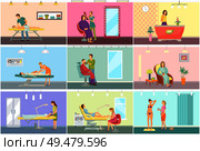 Spa center and beauty salon interior cartoon set vector banner. Equipment and amenity for medical and cosmetic procedures, specialists and clients. Spa Center and Beauty Salon Interior Cartoon Set. Стоковая иллюстрация, агентство Ingram Publishing / Фотобанк Лори