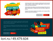 Premium discount best price posters set with banners and text. Autumn leaves decoration only one day exclusive products quality goods offer vector. Premium Discount Best Price Vector Illustration. Стоковая иллюстрация, агентство Ingram Publishing / Фотобанк Лори