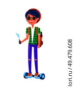 Young teenager with vape smoking male isolated vector. Boy on scooter gyroscooter board with wheel for self-balancing. Person with backpack glasses. Young Teenager with Vape Smoking Male Guy Vector. Стоковая иллюстрация, агентство Ingram Publishing / Фотобанк Лори