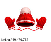 Winter warm red hat with white pom-pom and knitted glove icons. Woolen mittens and headwear in realistic design, outfit gauntlet, personal accessories. Winter Warm Red Hat, White Pom-pom, Knitted Gloves. Стоковая иллюстрация, агентство Ingram Publishing / Фотобанк Лори
